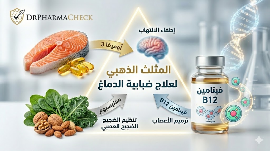 إنفوجرافيك طبي من DrPharmaCheck يشرح "المثلث الذهبي لعلاج ضبابية الدماغ". يظهر الرسم التوضيحي مصادر أوميغا 3 (سلمون وكبسولات) لإطفاء الالتهاب، ومصادر المغنيسيوم (مكسرات وورقيات) لتنظيم الضجيج العصبي، وفيتامين B12 لترميم الأعصاب